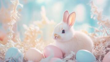 Cute little bunny with pastel-colored Easter eggs. 15 photo