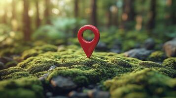 3D red location pin icon on the map, on top of mossy ground. 1 photo