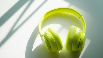 Wireless headphones in a bright neon yellow, placed on a white surface. 15 photo
