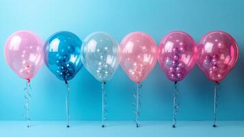 A bunch of transparent balloons in pastel colors on a pastel background. 15 photo
