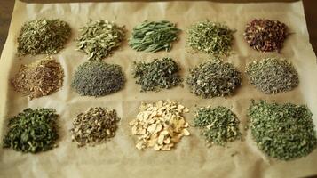 Various dried and fresh herbs, such as thyme, oregano, and sage, laid out on paper. 7 photo