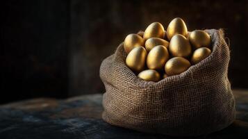 A burlap sack filled with golden chocolate eggs. 6 photo
