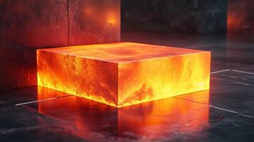 A glowing box of lava on the floor, with a minimalist background. 3 photo