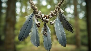 The necklace with weathered bones and dull gray feathers against a forest background. 14 photo