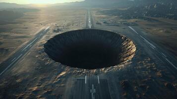 Very large, circular, dark, empty, bottomless sinkhole in the middle of an airfield strip. 8 photo