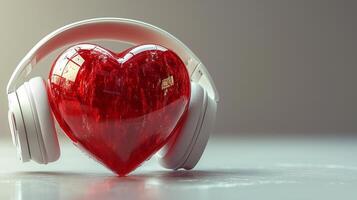 A red heart with white headphones on a white background. 8 photo