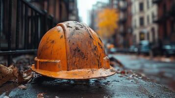 A rugged orange construction helmet rests on top of a building material. 1 photo