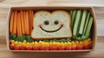Childs lunch box featuring a fun arrangement of healthy foods, including a smiling sandwich. 8 photo
