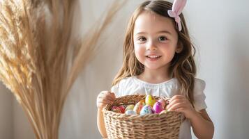 A cute 5-year-old girl holds the basket filled with Easter eggs. 18 photo