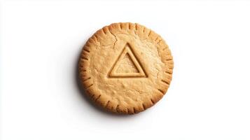 Circular cookie with the triangle simple icon on it, isolated on solid white background. 12 photo