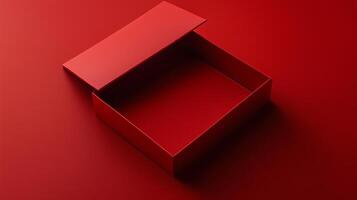vacío rojo presente caja de cartón caja con tapa abrió, aislado en rojo antecedentes. 4 4 foto