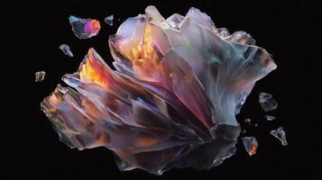 A floating, fragmented asteroid-like structure set against a pure black background. 8 photo