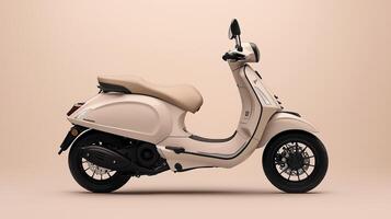 The beige scooter with an ergonomic seat against a minimalistic pastel background. 14 photo