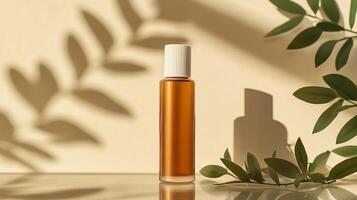 A bottle of skin care product, stands on a glass table, surrounded by shadows from plants. 8 photo