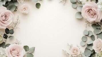 A luxurious wedding invitation design featuring floral borders with pink roses and eucalyptus leaves. 1 photo