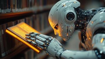 The robots hand reaching for a book in a library with orange neon accents. 8 photo