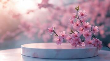 A round podium with pink sakura flowers on it, a blurred background with blooming cherry. 11 photo