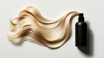 A hair product bottle is placed next to a curved hair lying flat against it on the white background. 2 photo