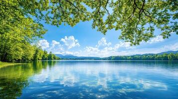 Serene Summer Lake Landscape with Lush Green Trees and Blue Sky photo
