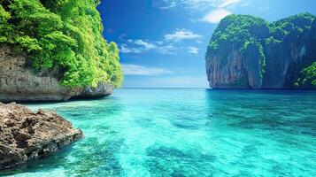 Turquoise Waters Around Green Cliffs Under Blue Sky in a Tropical Landscape photo