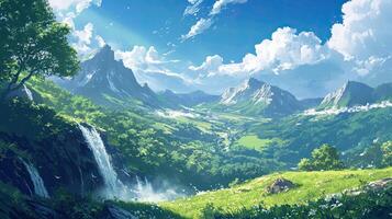 Lush Green Mountain Valley Landscape with Clear Blue Sky and Rolling Hills photo