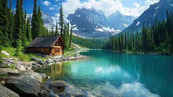Idyllic Lake Landscape with Wooden Cabin Surrounded by Mountains and Forest Trees photo