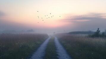 Dirt Road Through Field Under Soft Pink Sky at Sunrise with Birds Flying Above photo