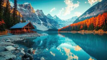 Scenic Lake Surrounded By Mountains Reflecting Wooden Cabin And Autumn Trees photo