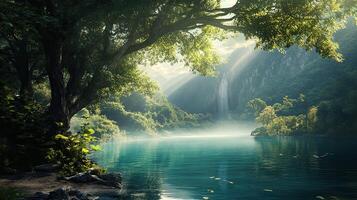 Lush Green Forest Landscape with Serene Lake and Sun Rays in Peaceful Scenery photo