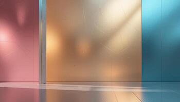 Abstract Geometric Panels in Pink Gold and Blue with Reflected Light on White Floor photo