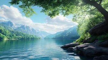 Scenic Lake Surrounded by Lush Green Forest and Distant Mountains Under a Bright Blue Sky photo