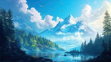 Mountain Landscape with Forest and Lake in Pixel Art Style Under Blue Sky photo