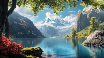 Picturesque Lake Surrounded By Mountains and Lush Foliage Under a Bright Sky Featuring Reflections in the Water and Serene Atmosphere photo