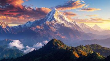 Majestic Snowy Mountain Peak Landscape with Forest at Sunset Under Cloudy Sky in Warm Tone photo
