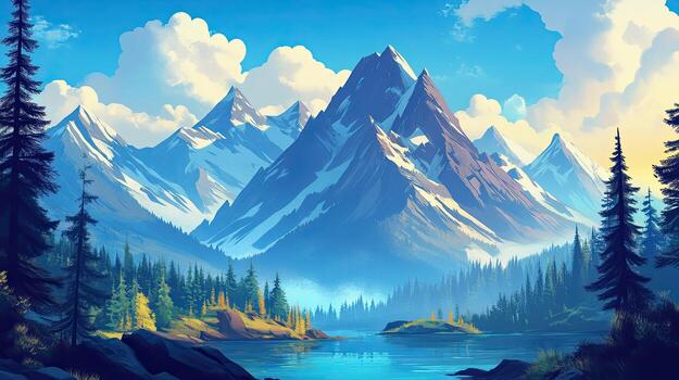 Panoramic Pixelated Landscape of Snowcapped Mountains Under Cloudy Blue Sky with Evergreen Trees and Still Lake Reflecting in Daylight photo