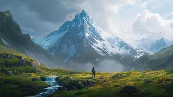 Majestic Mountain Peak with Snowy Slopes and Lush Green Valley Landscape under Cloudy Sky in Outdoor Setting photo