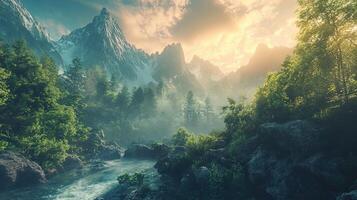 Mountain Landscape with Lush Green Trees and Flowing River Under Bright Sunlight in Dramatic Sky photo