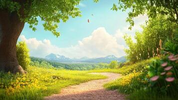 Scenic Green Landscape with Tree Lined Path Leading to Distant Mountains Under Clear Blue Sky and Scattered Clouds on a Bright Sunny Day photo