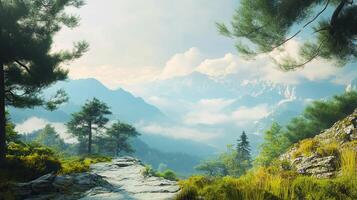 Lush Green Mountain Range Under a Cloudy Sky with Dense Forest in Daytime Natural Light Hilly Terrain and Serene Backdrop Scenic Vista with Distant Peaks photo