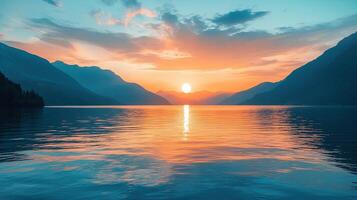 Picturesque Sunset Over Calm Lake with Mountain Backdrop and Reflections in Teal and Orange Tone photo