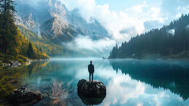 Man in Dark Suit Standing on Rock Island in Serene Lake Reflecting Mountain and Sky with Forest Under Cloud in Outdoor Scene photo