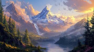 Pixel Art Mountain Landscape with Sunlit Clouds over Green Forest Valley and a River in Detailed Pixelated Scenery photo