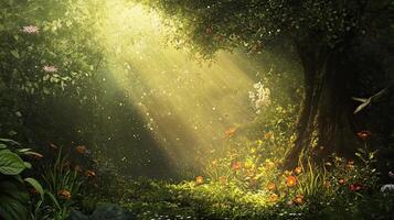 Sunlight Streaming Through Lush Green Forest with Wildflowers and Natural Light Creating a Serene Ambiance photo