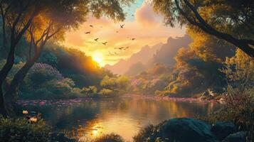 majestuoso paisaje ver con lago reflejando dorado puesta de sol ligero rodeado por lozano verde arboles y distante montañas debajo calentar cielo foto