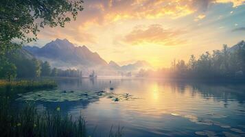 Picturesque Sunset Over Mountain Lake Reflecting Golden Skies and Foggy Forest Trees photo