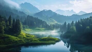 Misty Blue Lake Surrounded by Green Forest and Mountains Landscape at Scenic Tranquil Morning photo