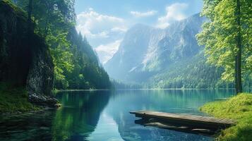 Picturesque Mountain Lake Surrounded By Forest With Wooden Dock Under A Blue Sky Reflecting Scenery in Clear Water On Bright Sunny Day photo