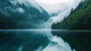 Misty Lake Reflecting Forest and Mountains Under Overcast Sky Creating Serene Nature Scene in Morning Fog photo