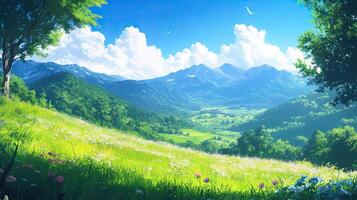 Lush Green Valley Landscape with Mountain Backdrop Under a Clear Sky Filled with Green Grassland Meadow and Hillside Trees in Summertime photo