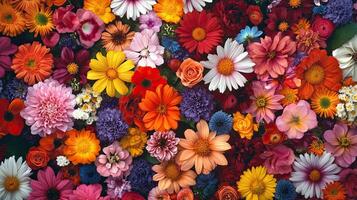 Vibrant Assortment of Colorful Flowers in Full Bloom Featuring a Variety of Petal Shapes and Hues Against a Dark Backdrop photo